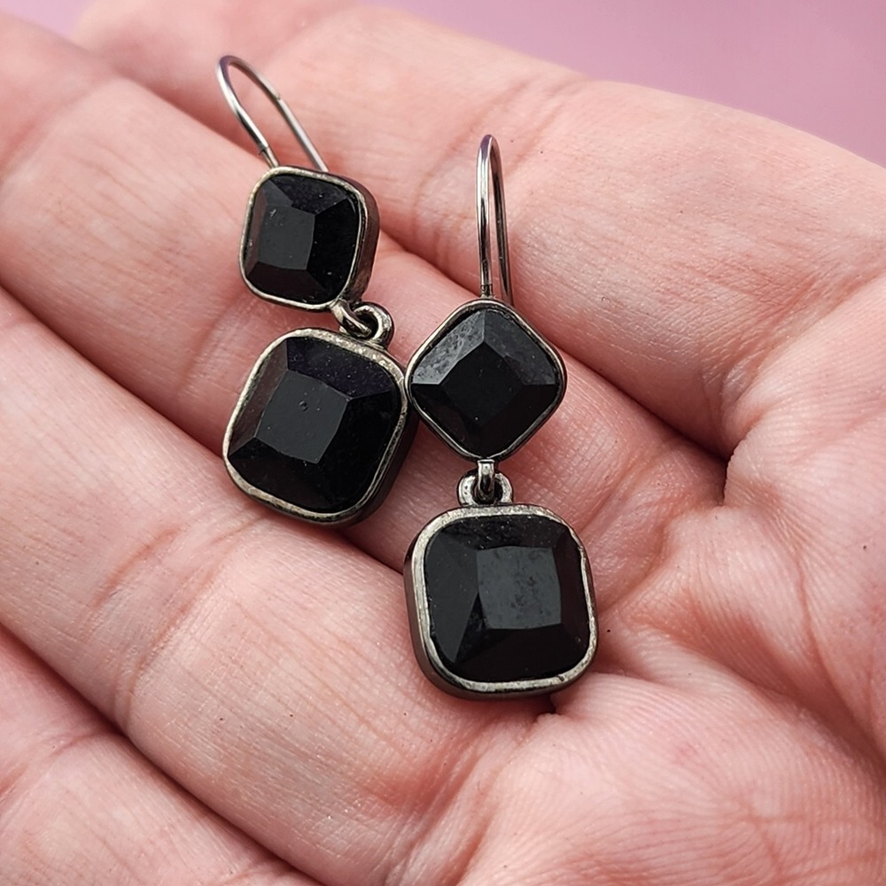 Black Faceted Glass Double Drop Earrings Silver Tone Gothic Geometric Dangle